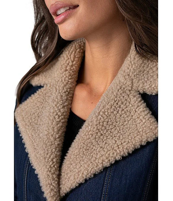 Stretch Denim Oversized Notch Sherpa Trim Jacket