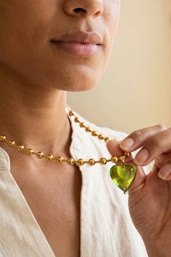 Heart of Glass Necklace - 18K Gold Plated: Green Apple