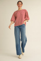 Puff Sleeve Striped Top Red