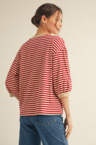 Puff Sleeve Striped Top Red