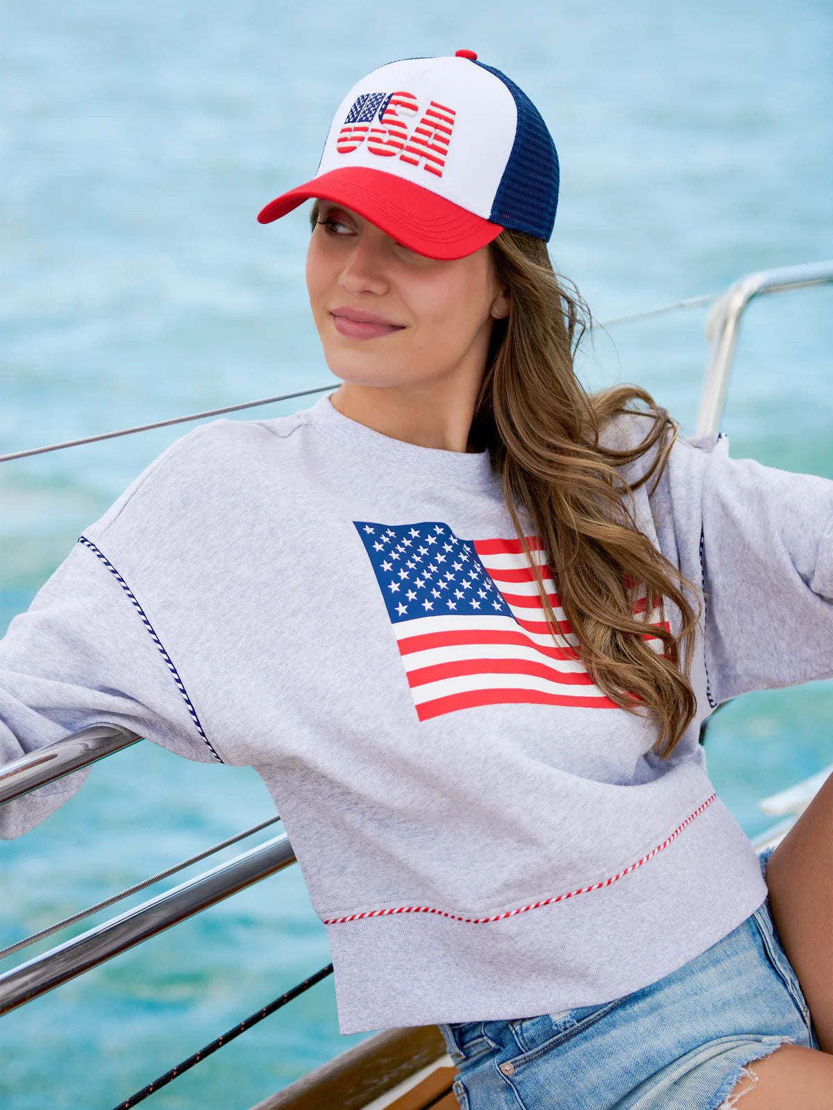 American Flag Relaxed Sweatshirt, Grey