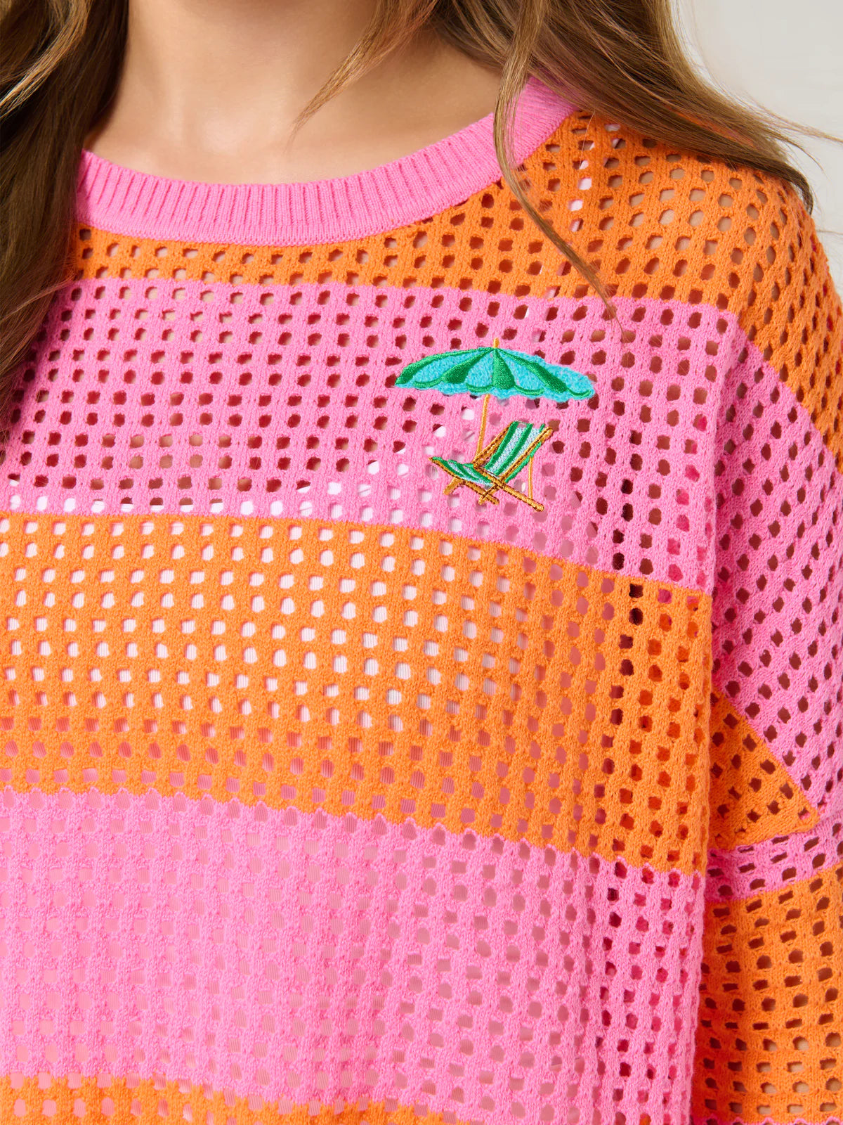 Umbrella Striped Mesh Sweater, Pink