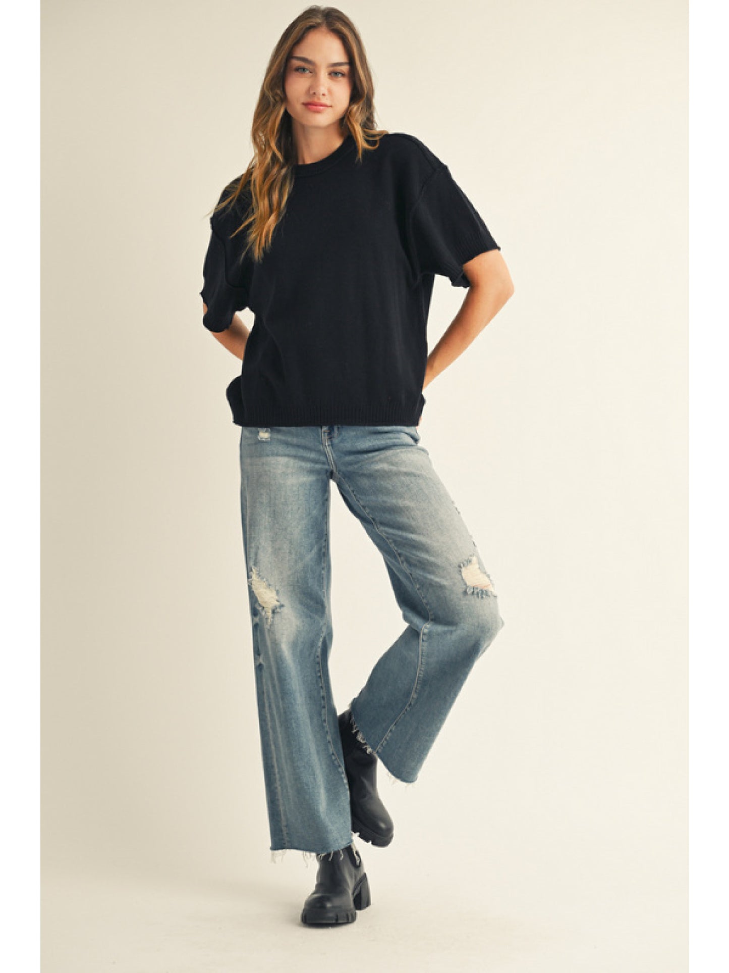 Drop Shoulder Comfy Sweater Top Black