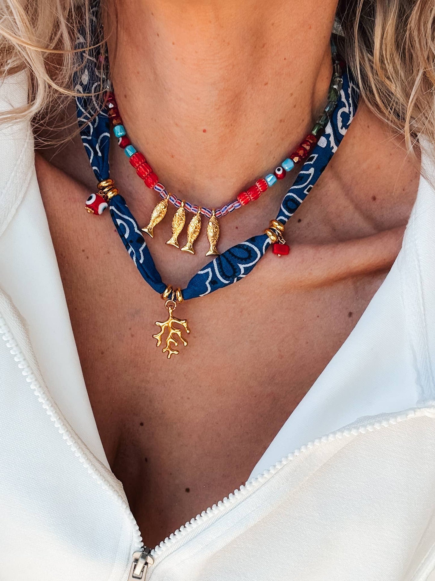 Bohemian blue bandana scarf & colorful beaded fish necklace: Blue Bandana