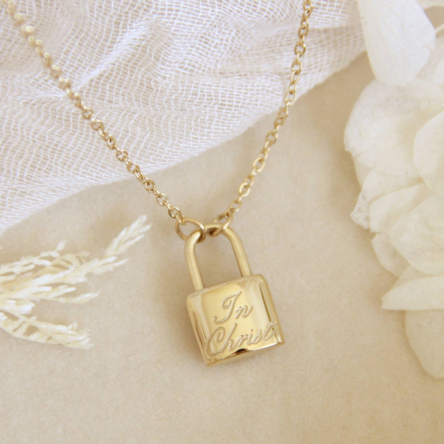 In Christ Cross Lock Necklace, Secure In Christ Necklace: Yellow Gold