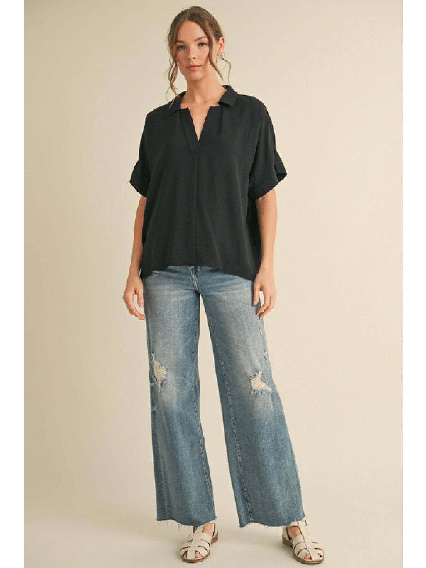 Open Collar Lightweight Top Black