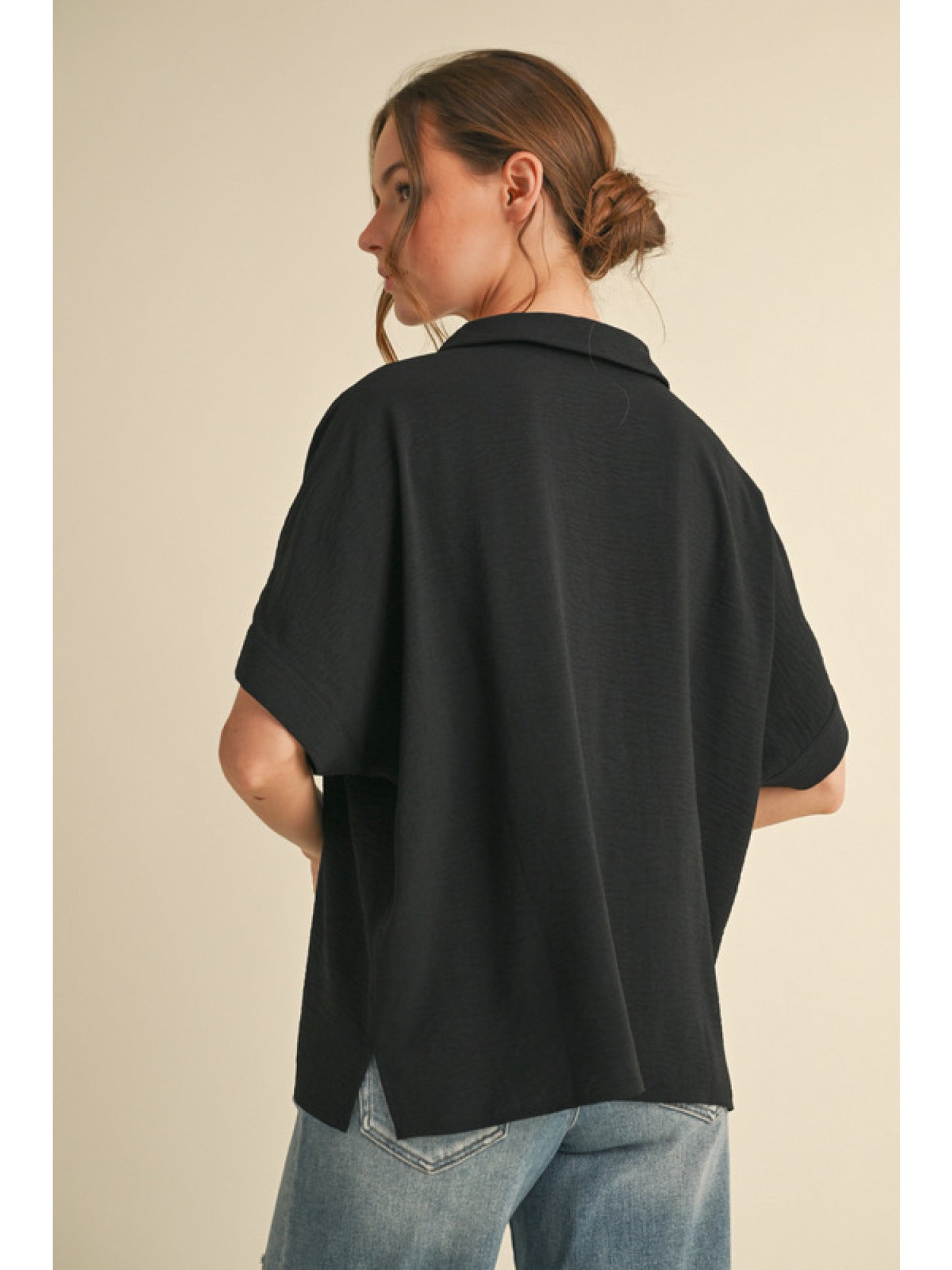 Open Collar Lightweight Top Black