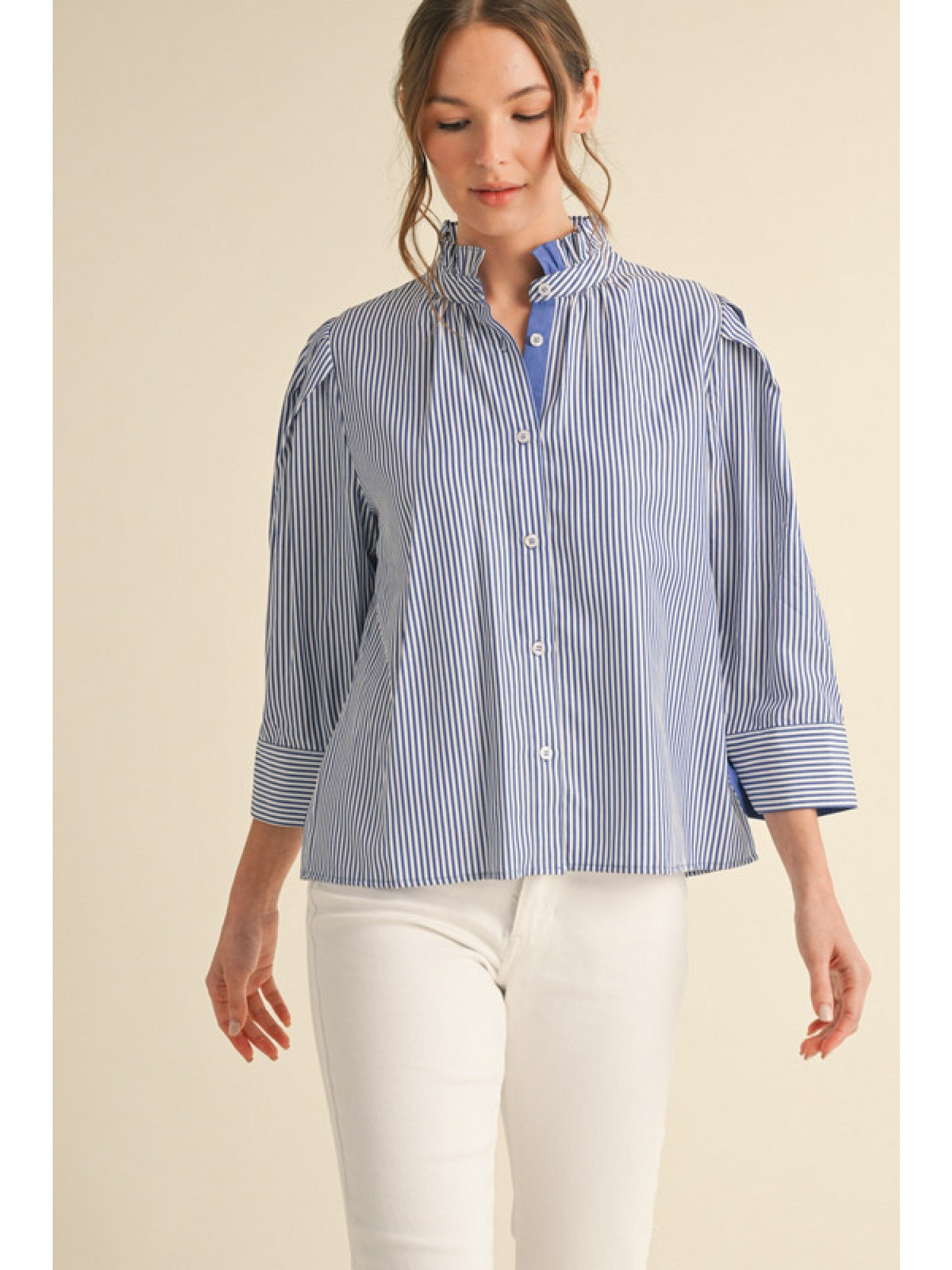 Striped Top with Stand Up Collar