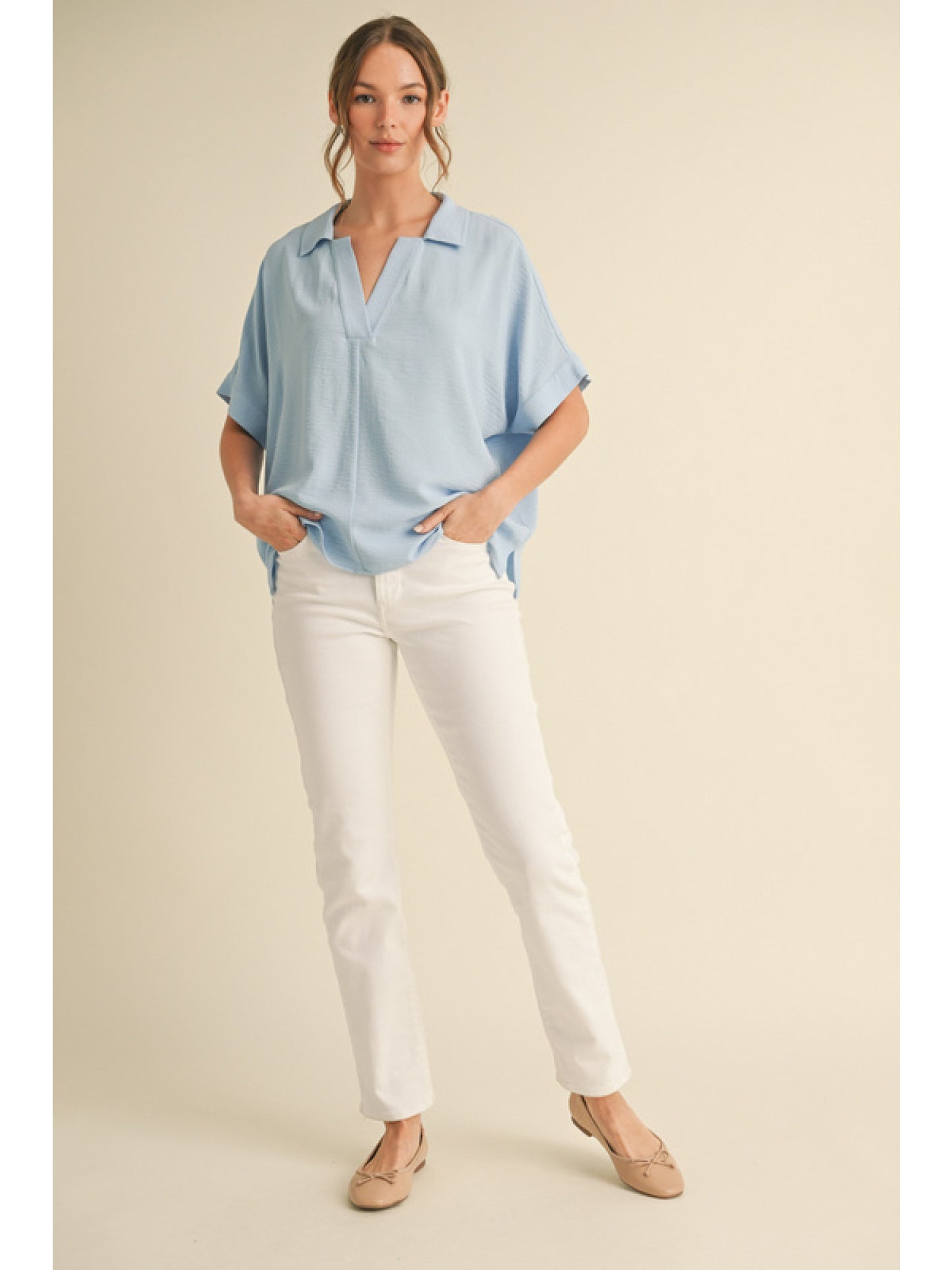 Open Collar Lightweight Top Sky Blue