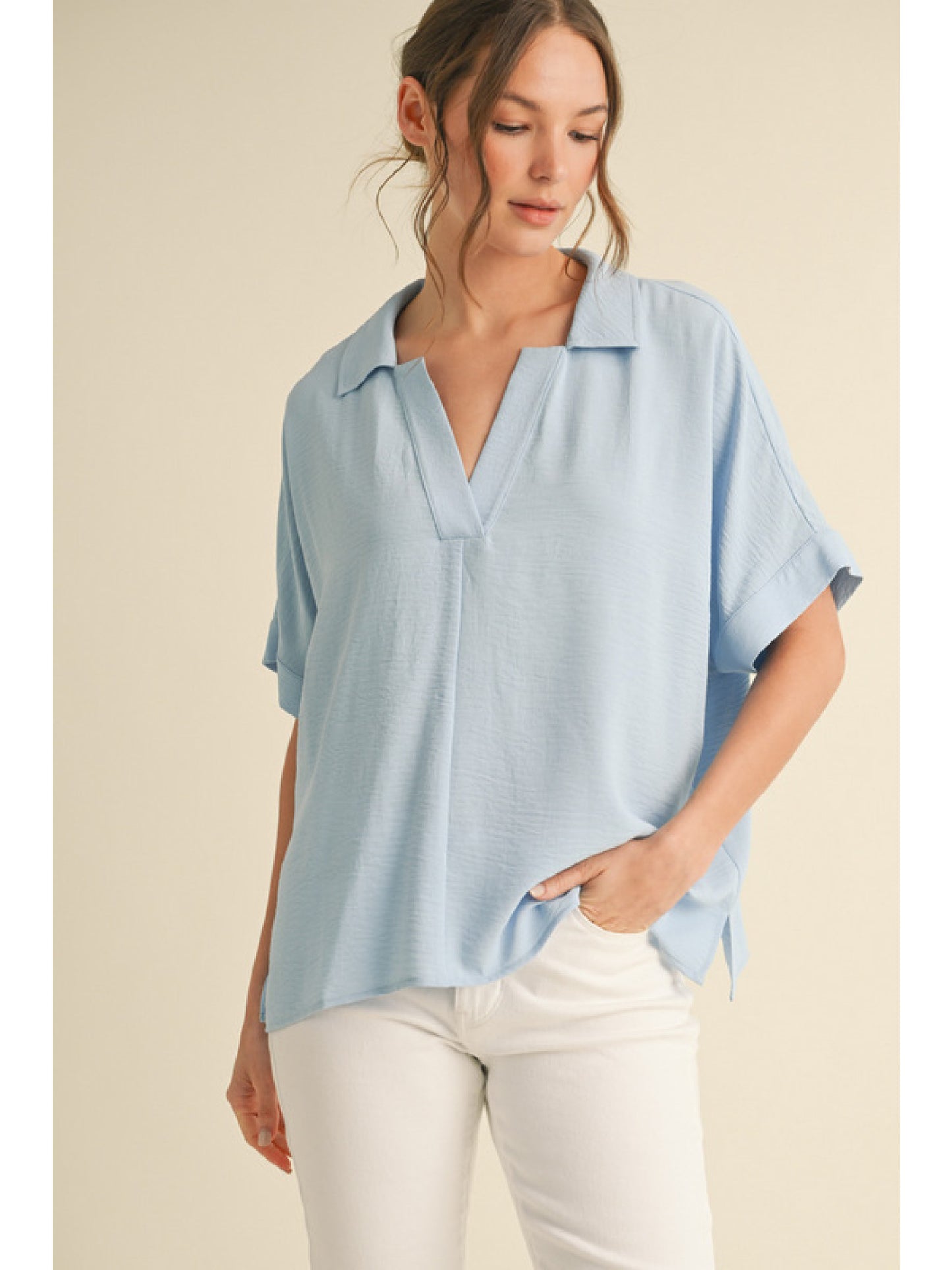 Open Collar Lightweight Top Sky Blue