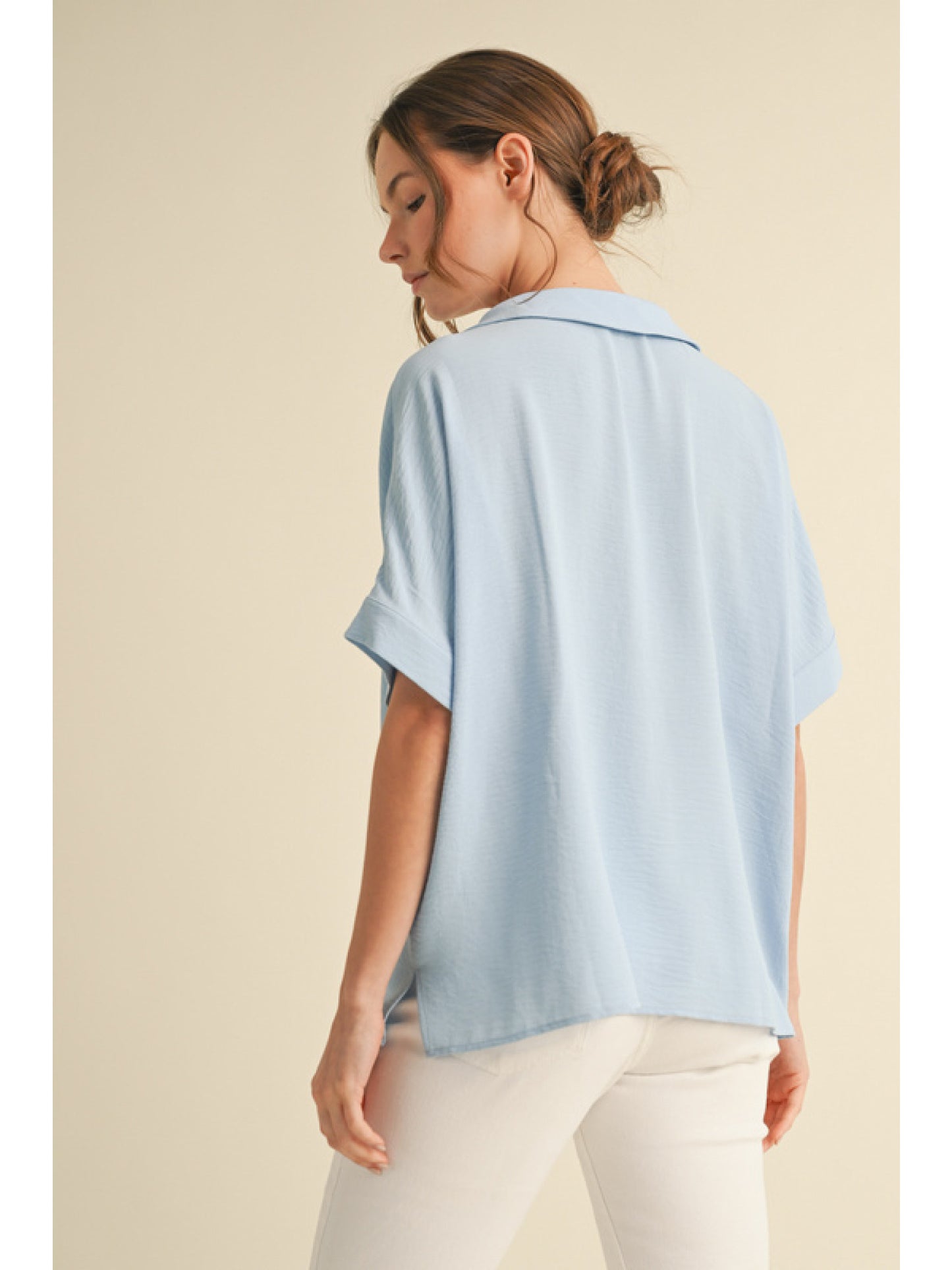 Open Collar Lightweight Top Sky Blue