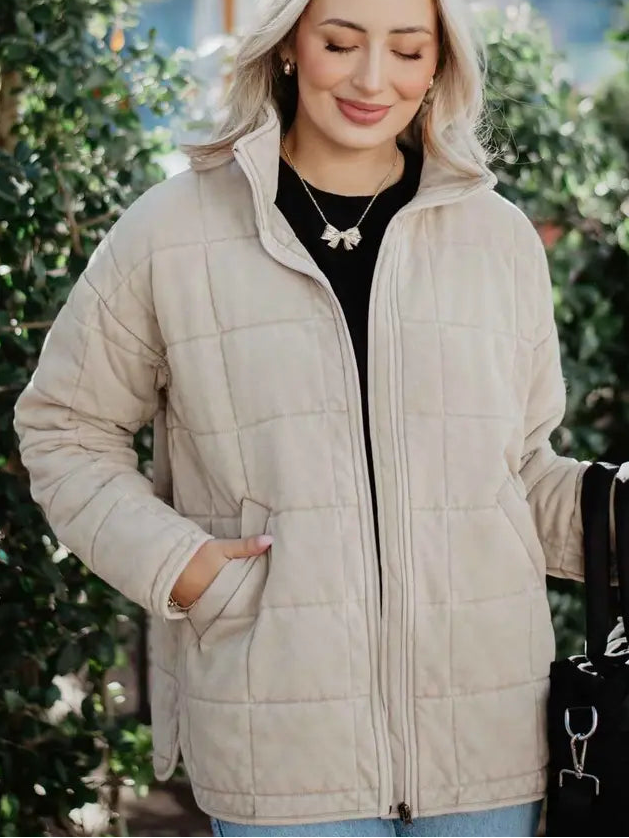 Beige Lightweight Quilted Garment Washed Jacket