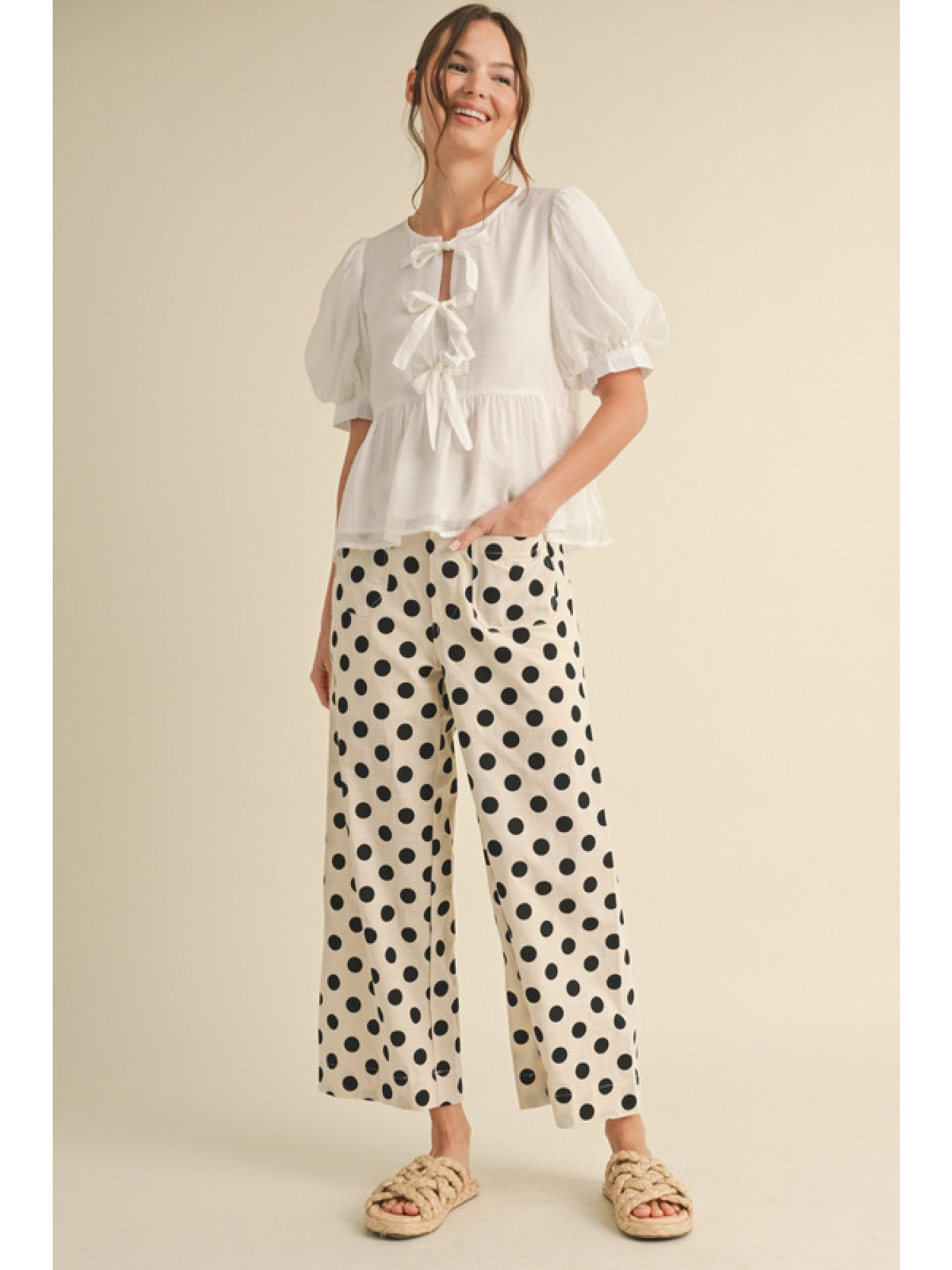 Polka Dot Print Wide Leg Pants- Black
