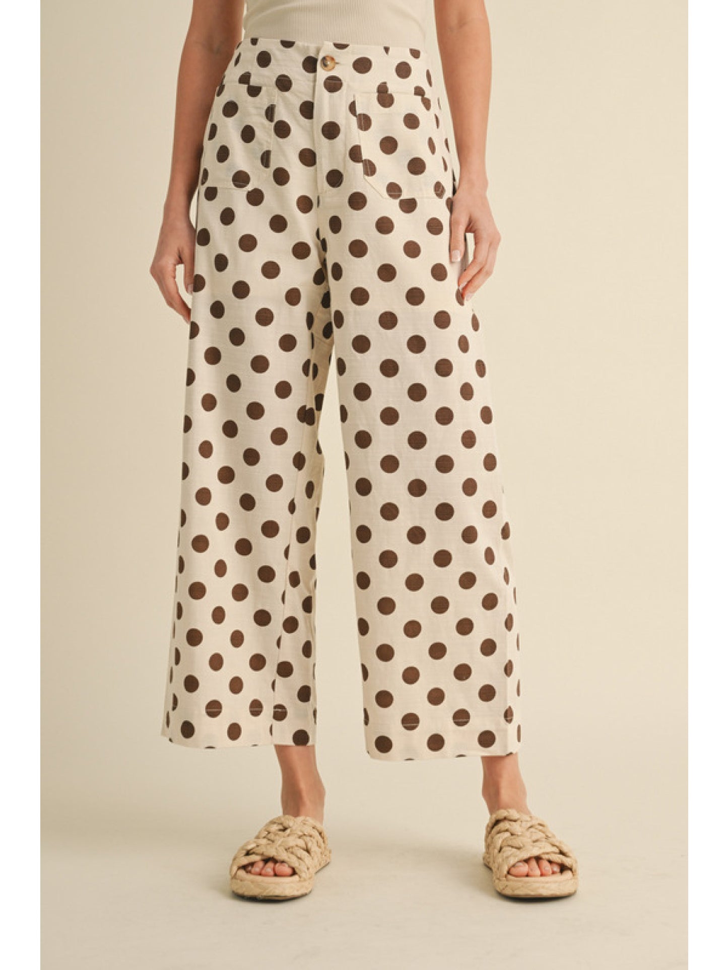 Polka Dot Print Wide Leg Pants- Brown
