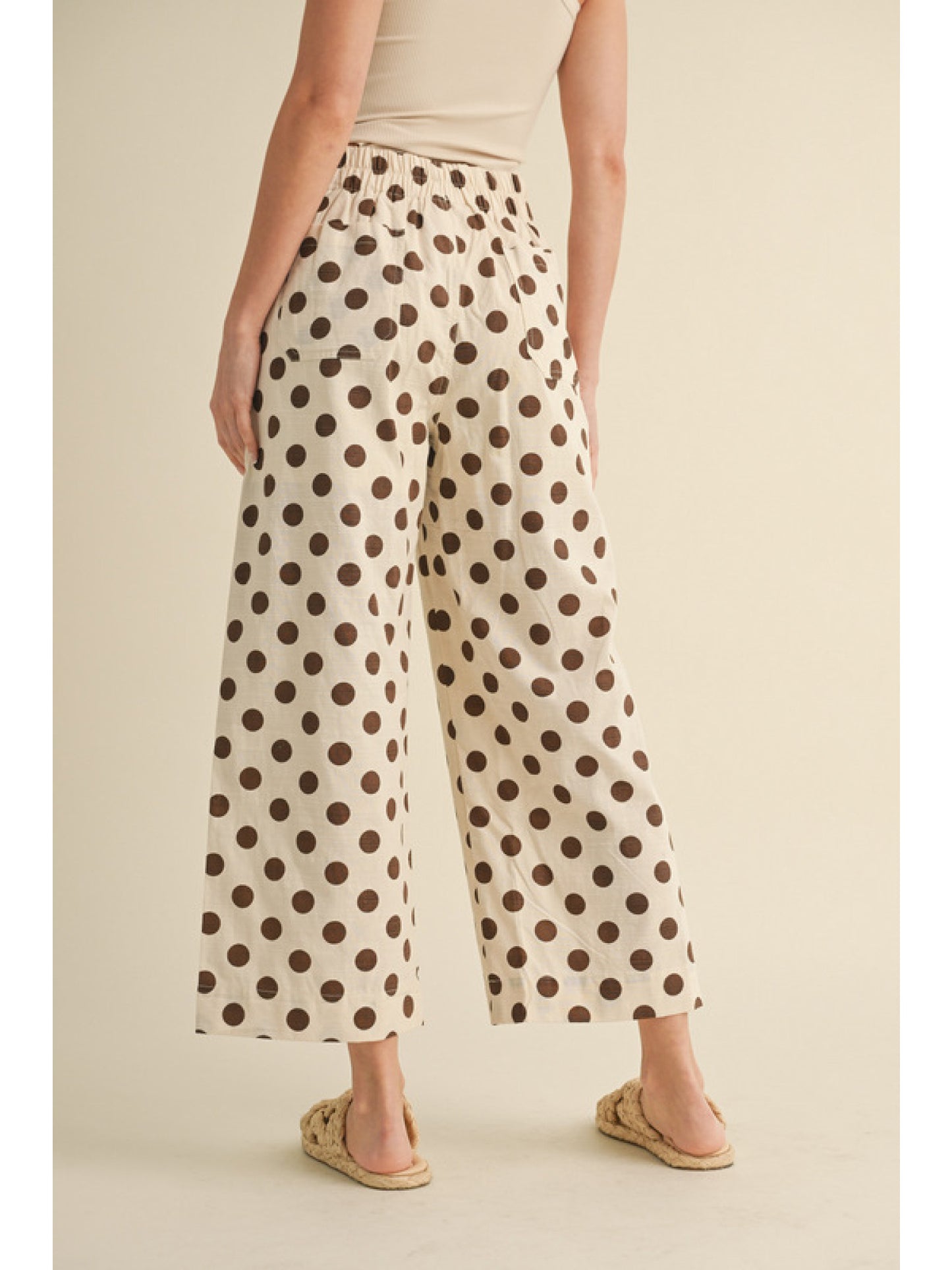 Polka Dot Print Wide Leg Pants- Brown