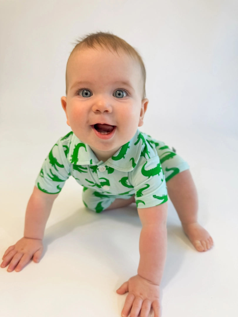SS Polo Romper- Blue Alligator
