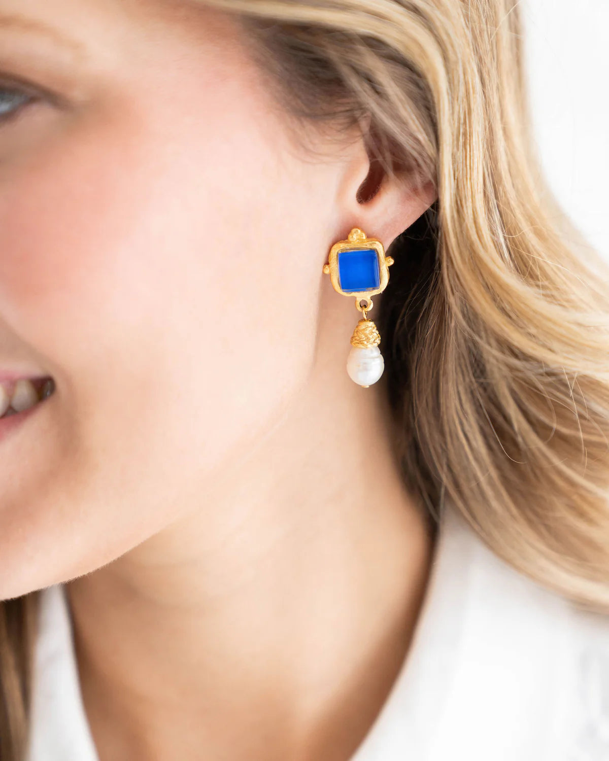 Madeline Blue/Gold Glass Pearl Earrings