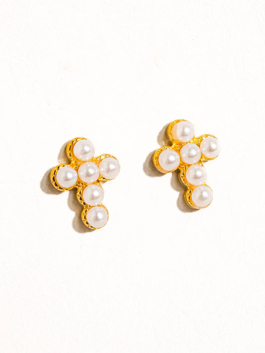 Telo 18K Non-Tarnish Pearl Cross Stud: White