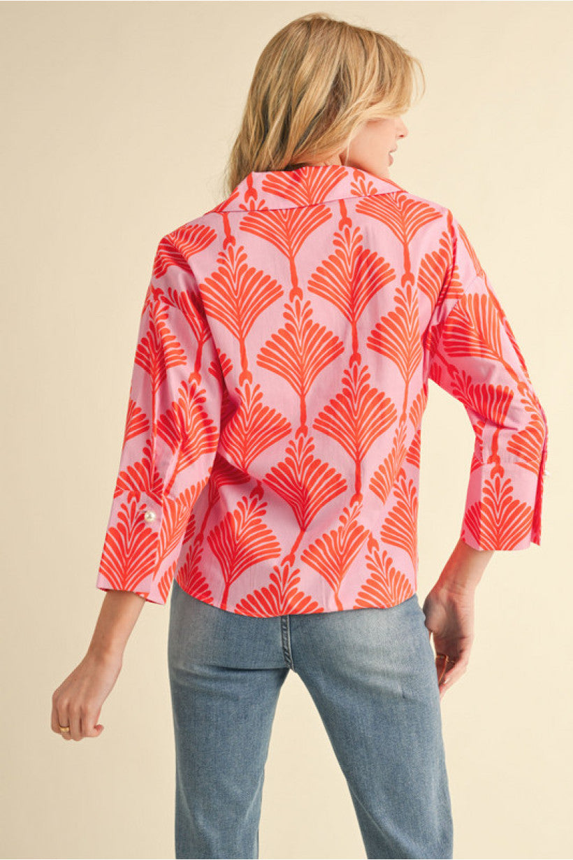 Bright Patterned Top w/ Pearl Button Accent Pink