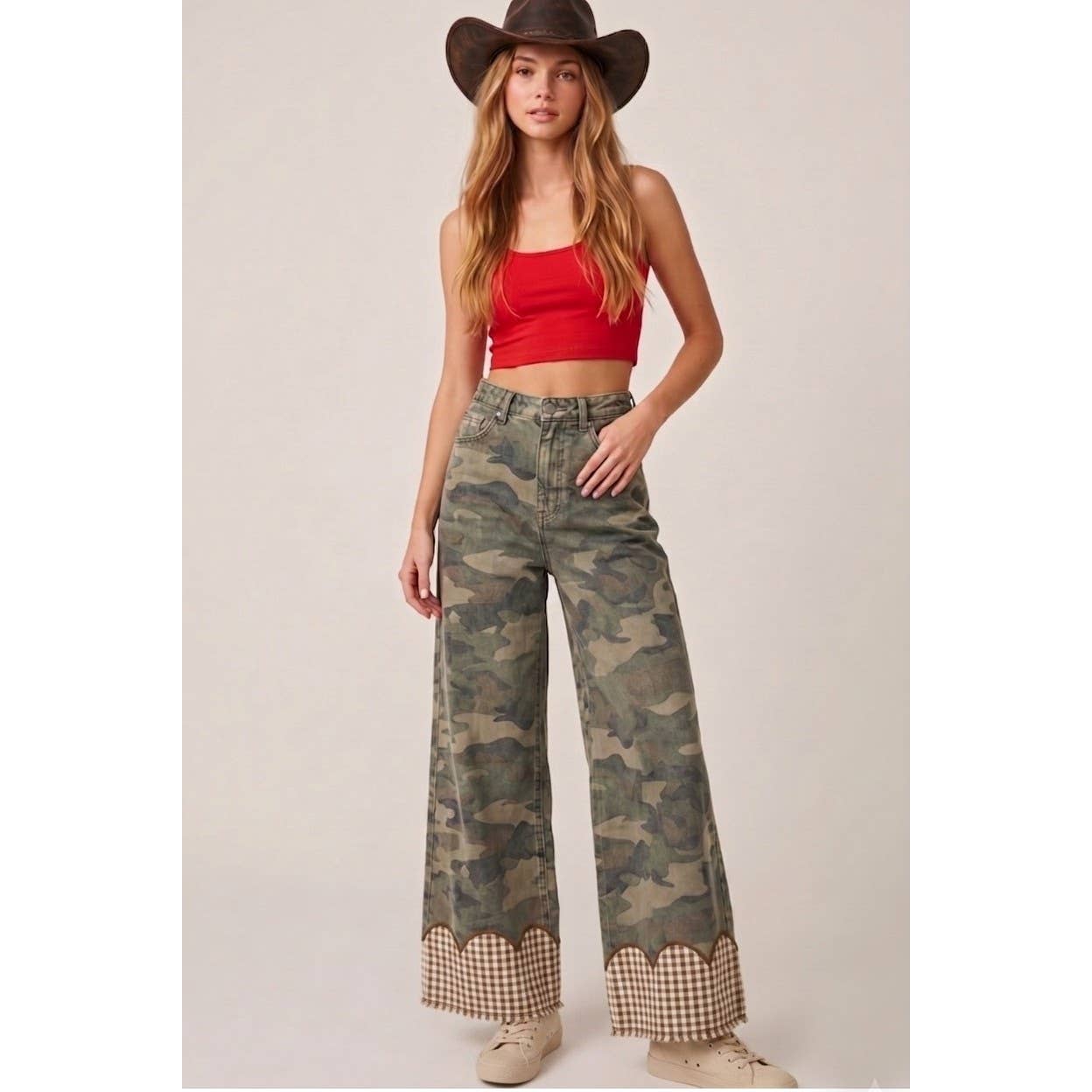 Scallop Heritage Contrast Cuff Wide Leg Washed Camo Pant