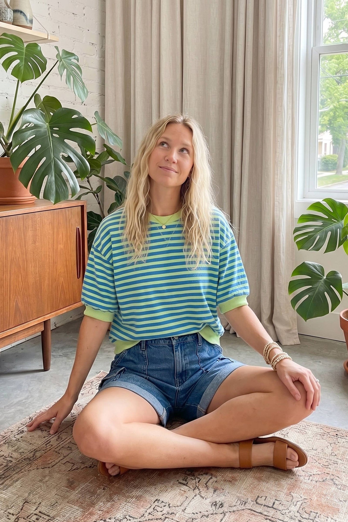 Striped Contrast Trim Knit Top: BLUE/MINT