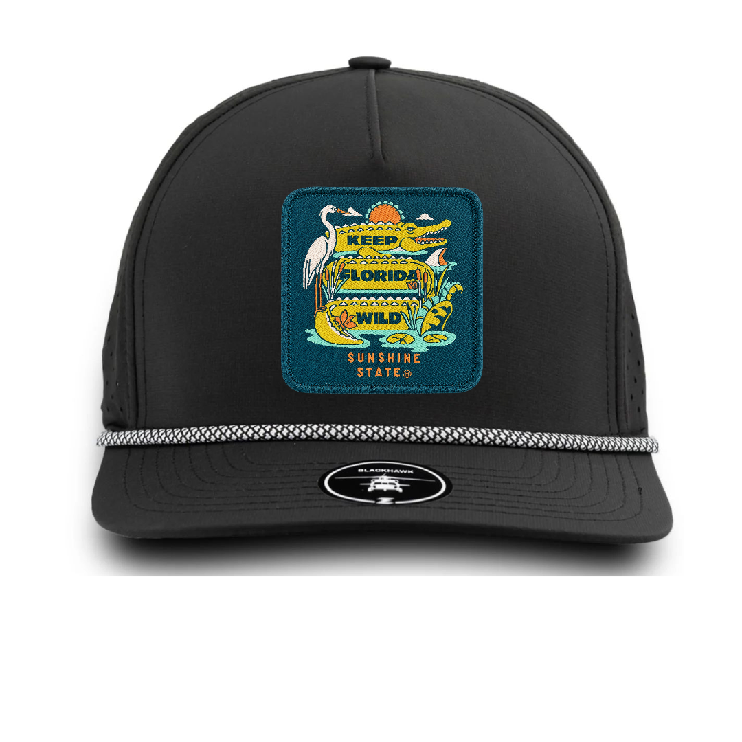 Keep Florida Wild Hat: Dry Fit: Black w/Chainlink Rope
