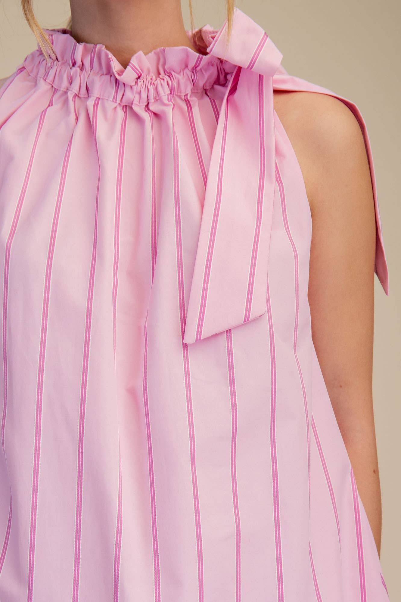 Ruffle Neck Tie Sleeveless Mini Dress: Pink / L