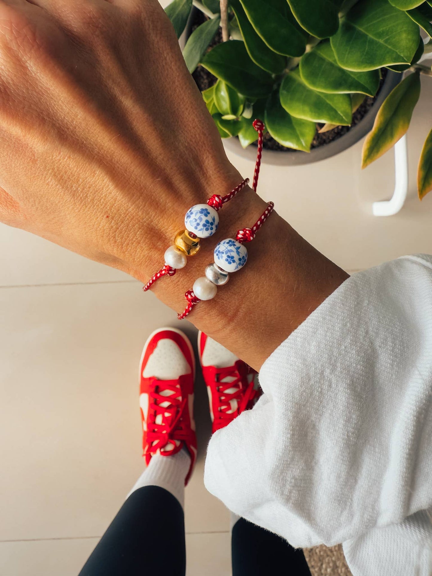 Red Cord Porcelain Bead and Pearl Bracelet