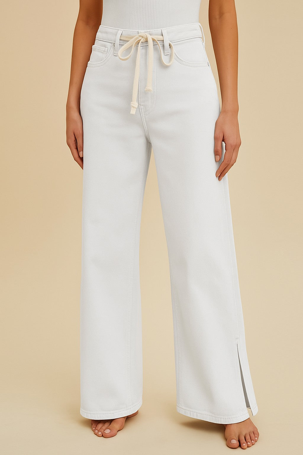 White Tie Waist/Side Slit Wide Leg Jean