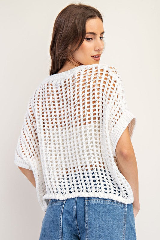 Crochet Knit Short Sleeve Cropped Sweater White