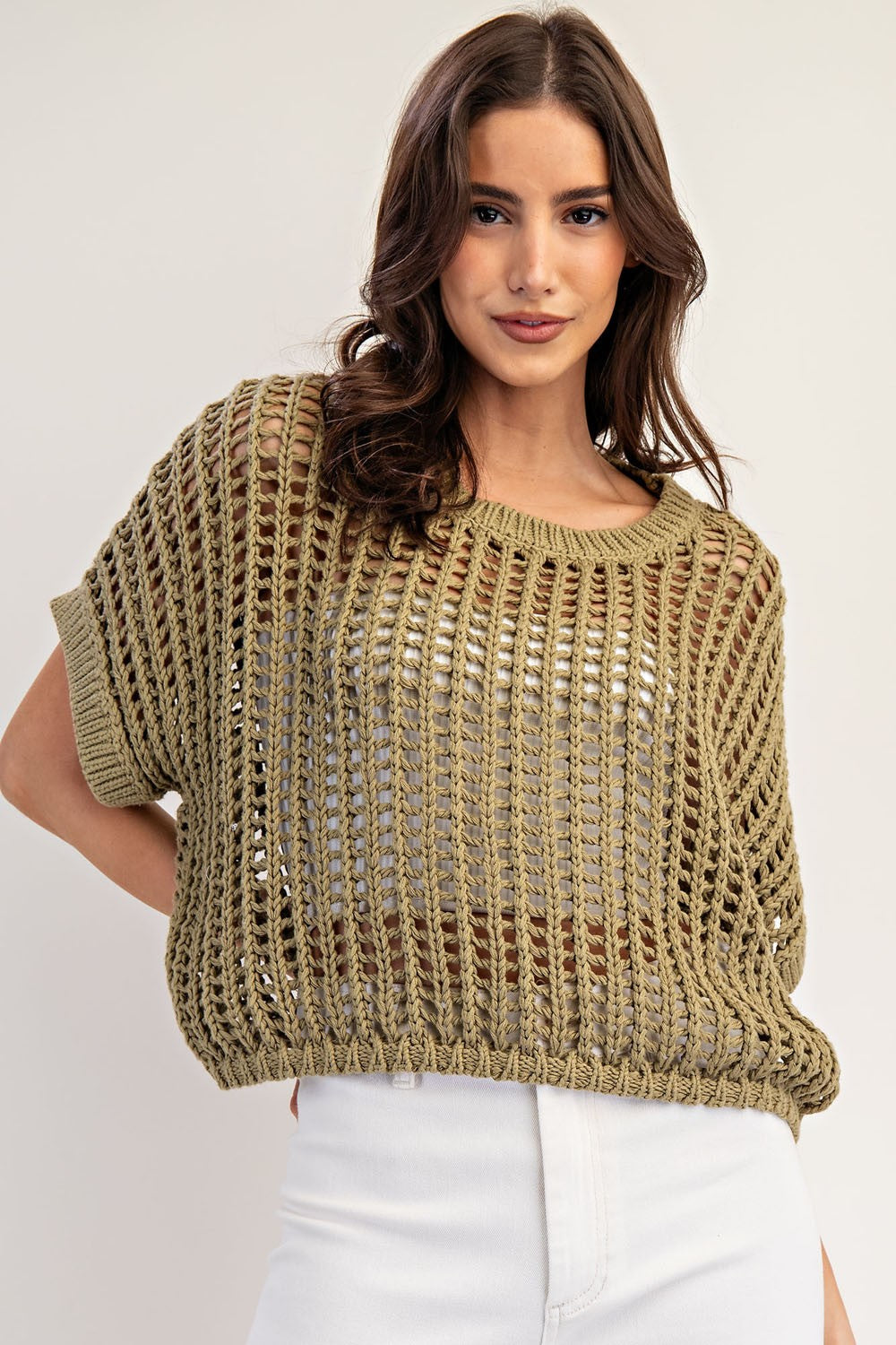 Crochet Knit Short Sleeve Cropped Sweater Dry Herb