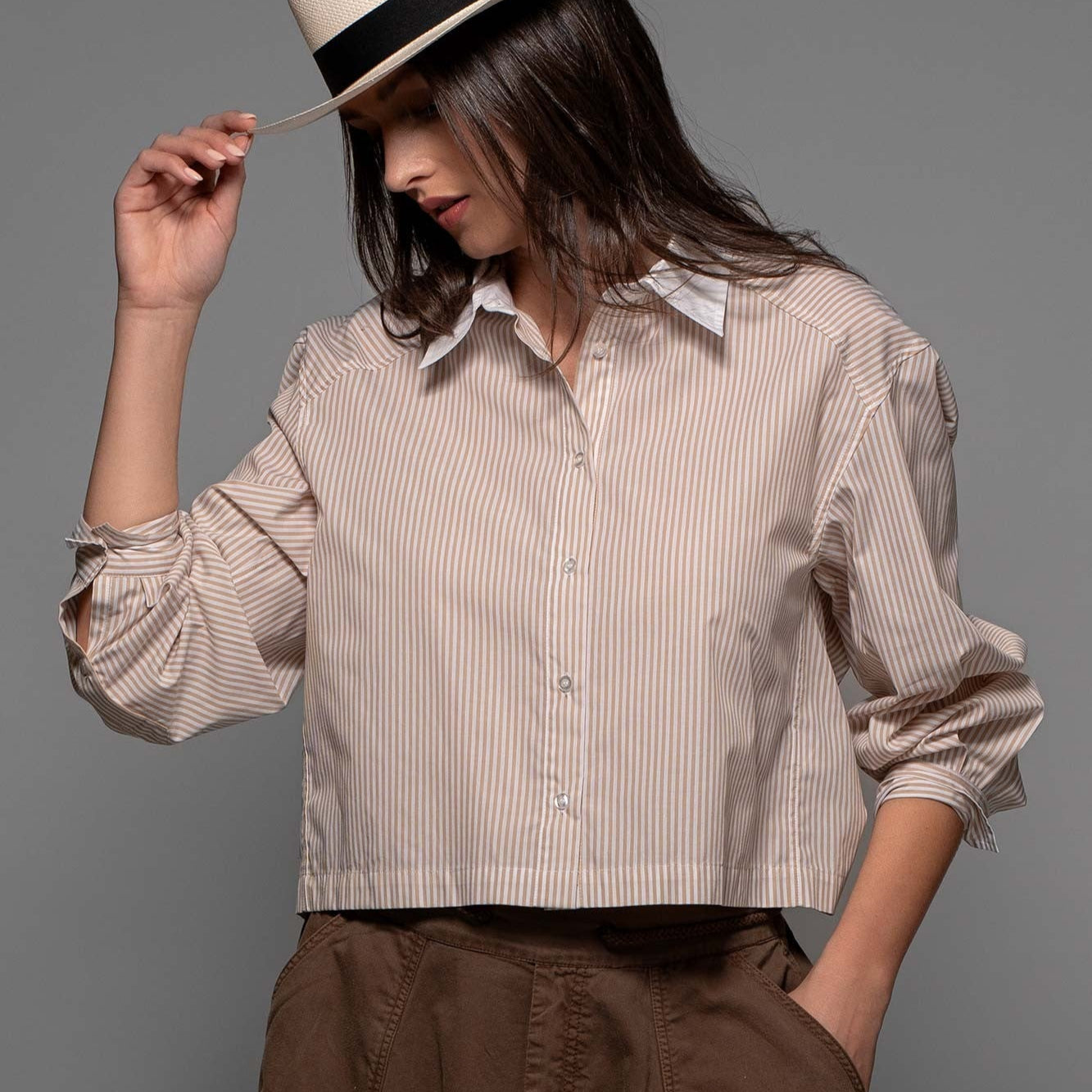 Striped Oversized Collared Top Khaki