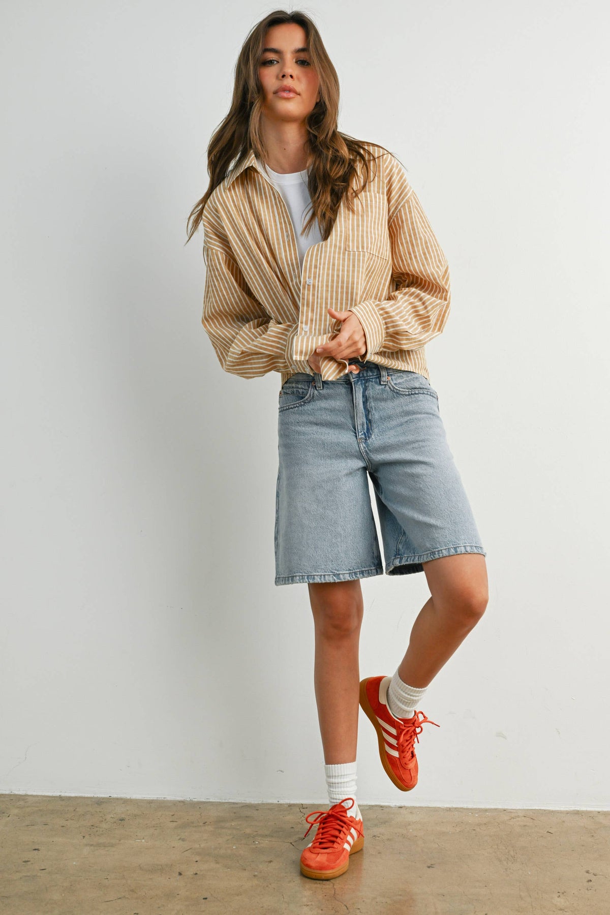 Cropped Striped Button-Camel