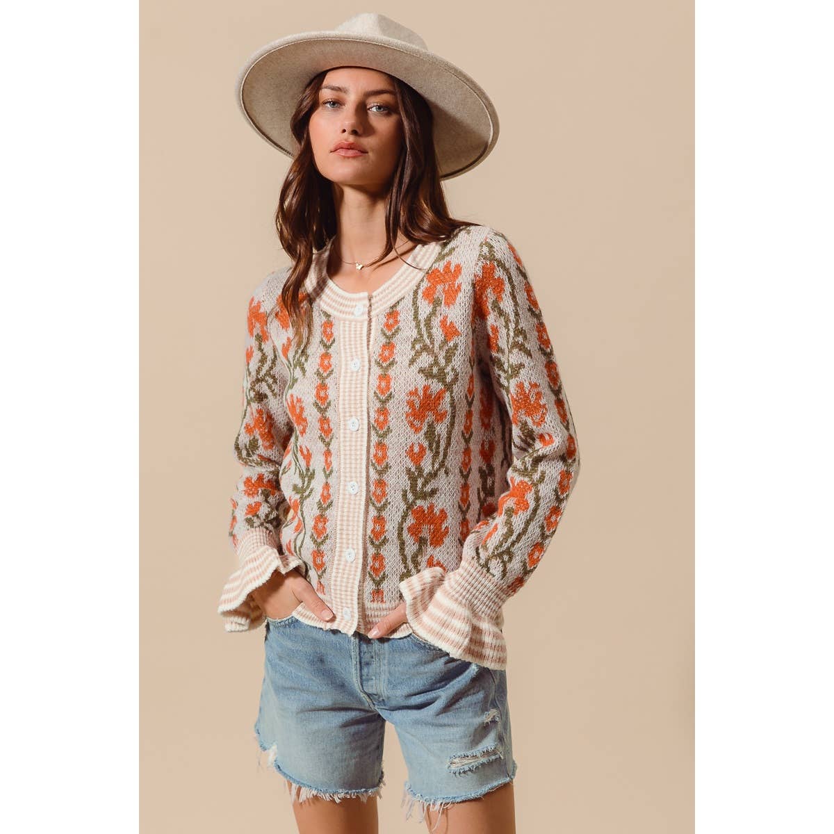 Floral Intarsia Button Up Sweater