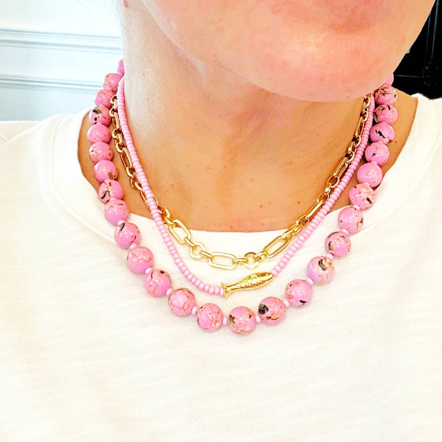 Lucky Fish Beaded Necklace: White