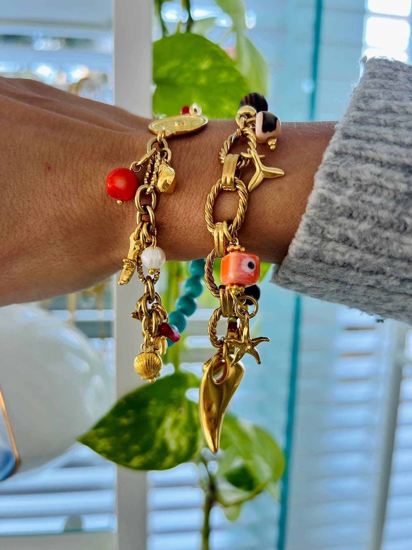 Gold charm summer bracelets with wood and turquoise beads: Turquoise beads