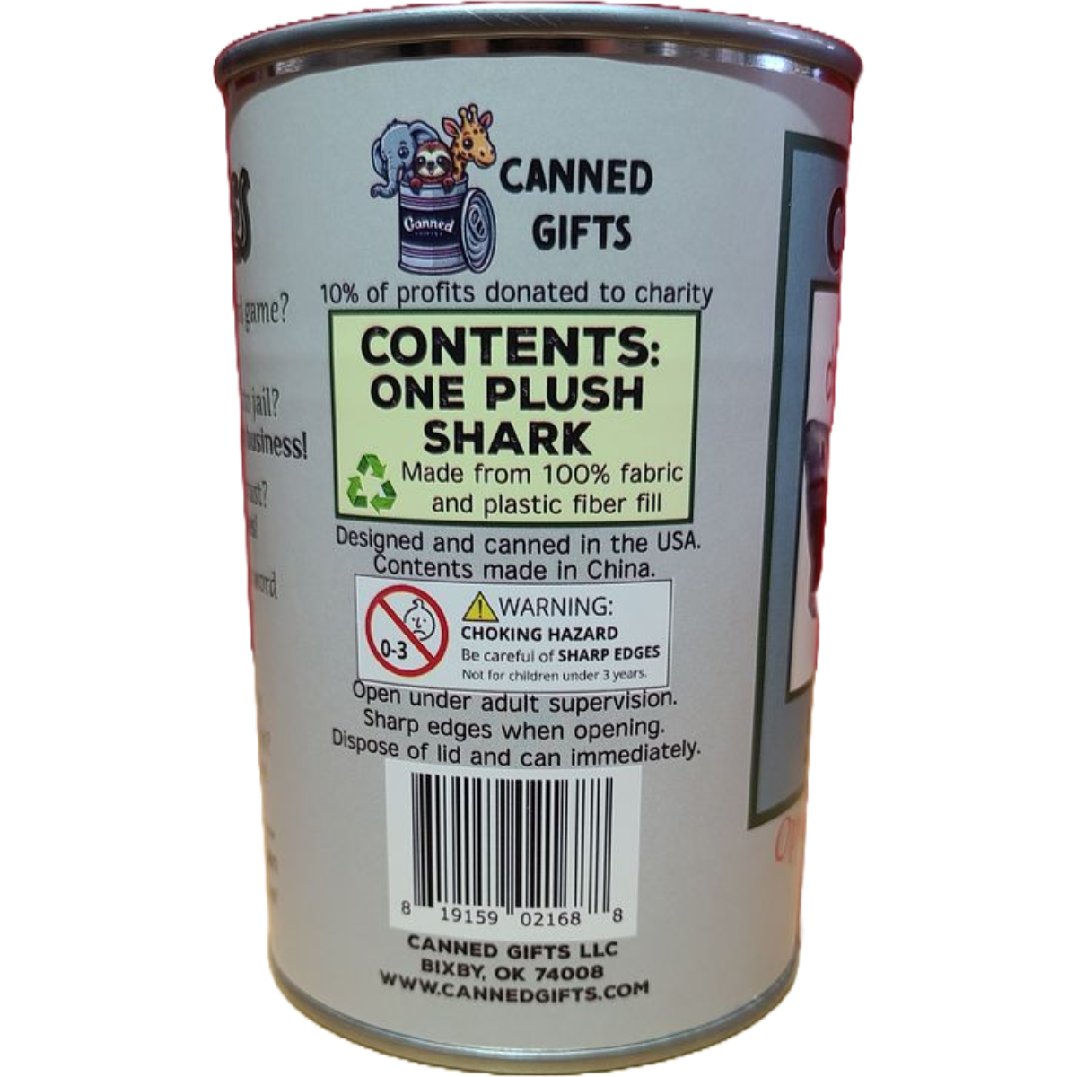 Canned Shark | Stuffed Animal Plush w/Jokes | Unique Gift: Pop Top Lid