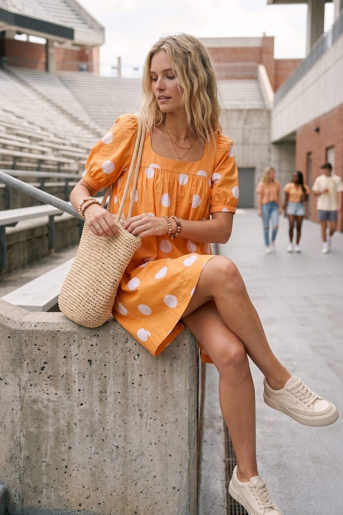 Gameday Polka Dot Puff Sleeve Dress: Orange/White