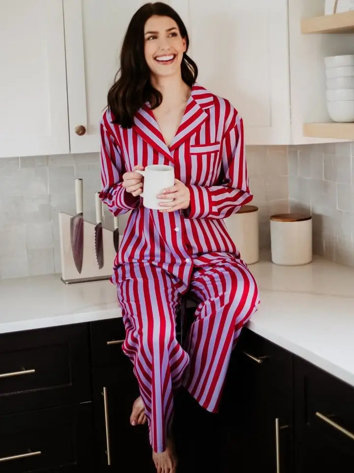 Lilac Striped Satin Pajama Set