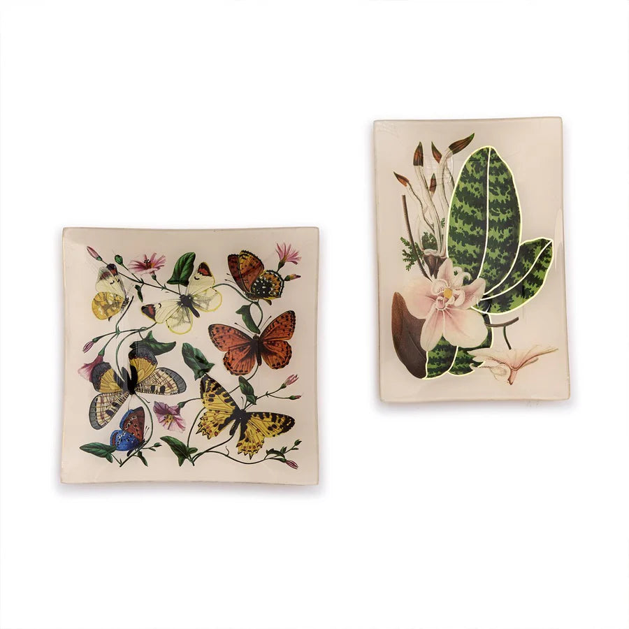 Butterfly and Botanical Glass Trinket Tray with Gold Foil Back
