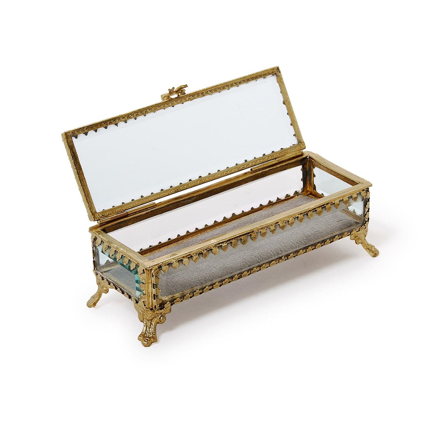 Glass and Brass Hand-Crafted Jewelry Box with Gold Antique Trim
