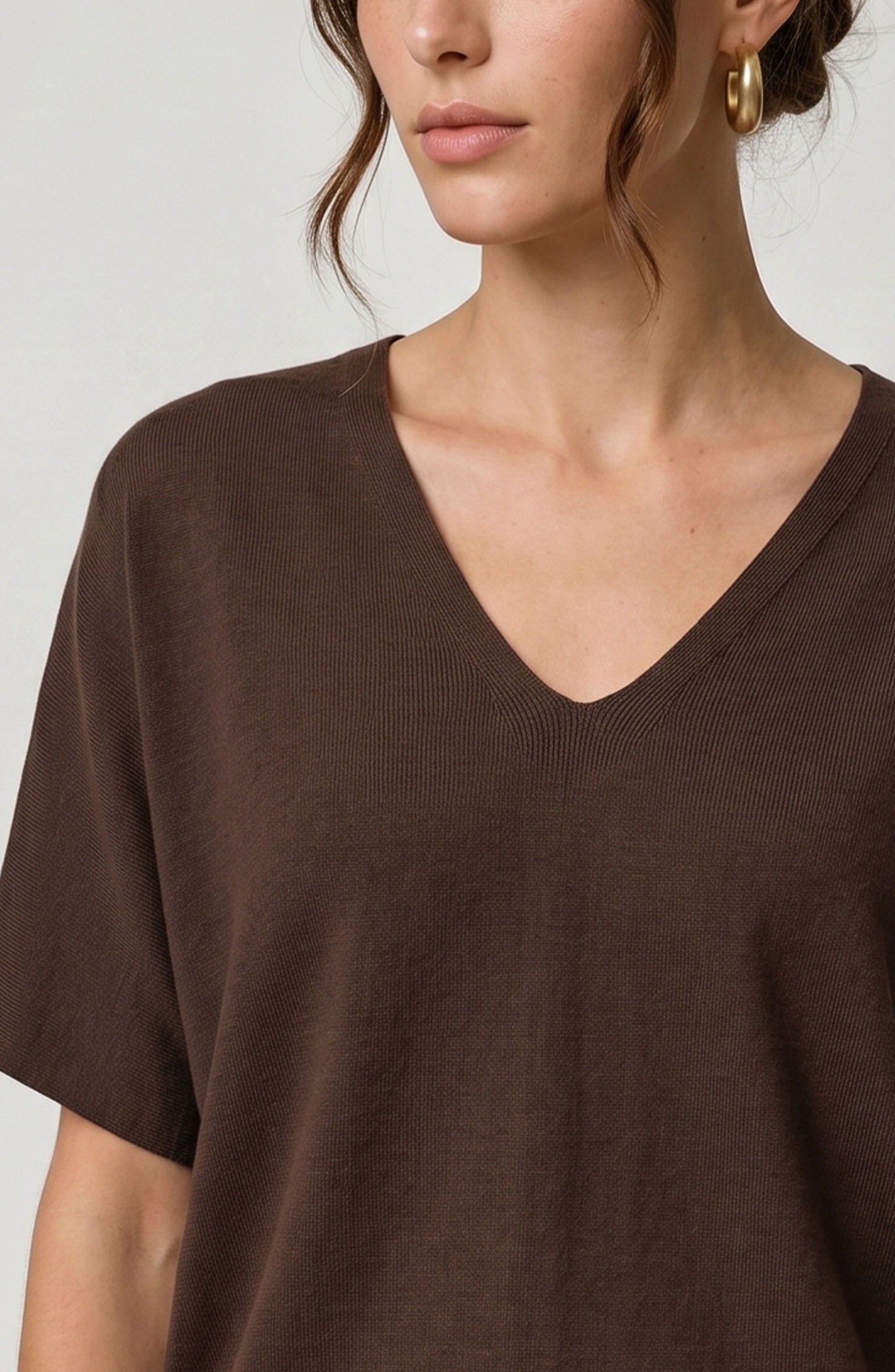 Short Sleeve V-Neck Dolman Popover Sweater w/Step Hem Java