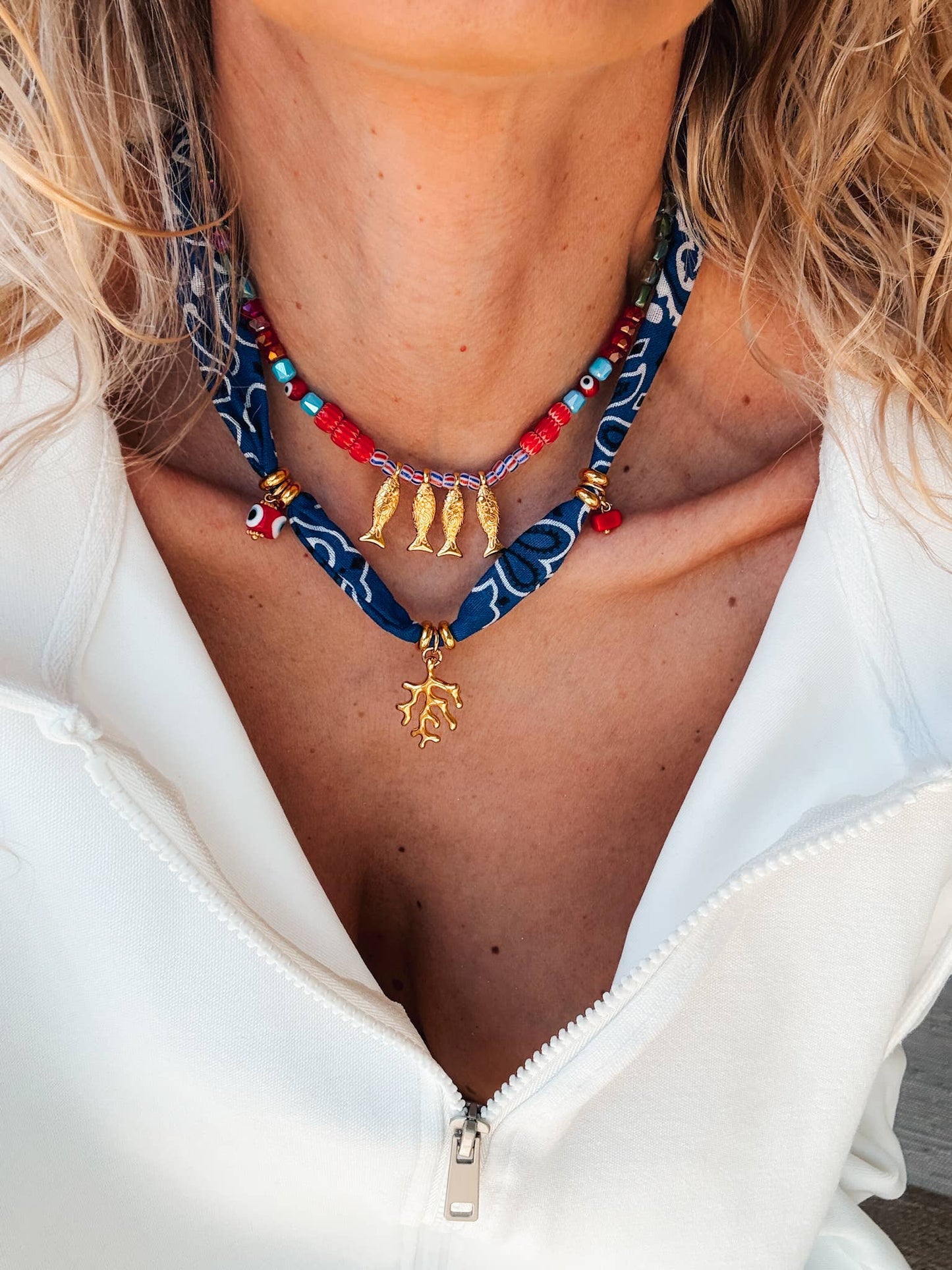 Bohemian blue bandana scarf & colorful beaded fish necklace: Blue Bandana