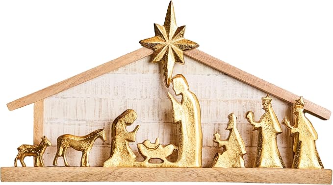 Large Gold Nativity Scene Wooden Stable