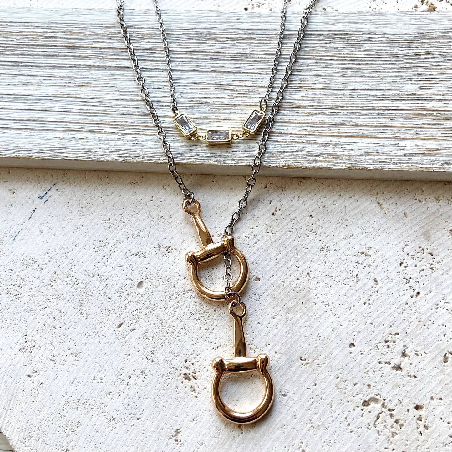Horse bit necklace equestrian jewelry, Derby stirrup: Mixed metals