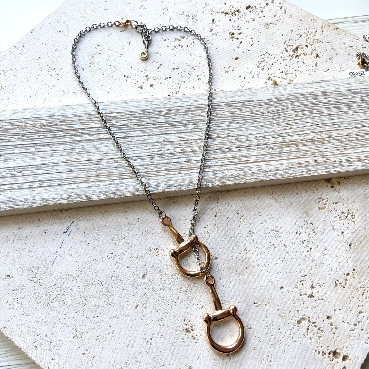 Horse bit necklace equestrian jewelry, Derby stirrup: Mixed metals