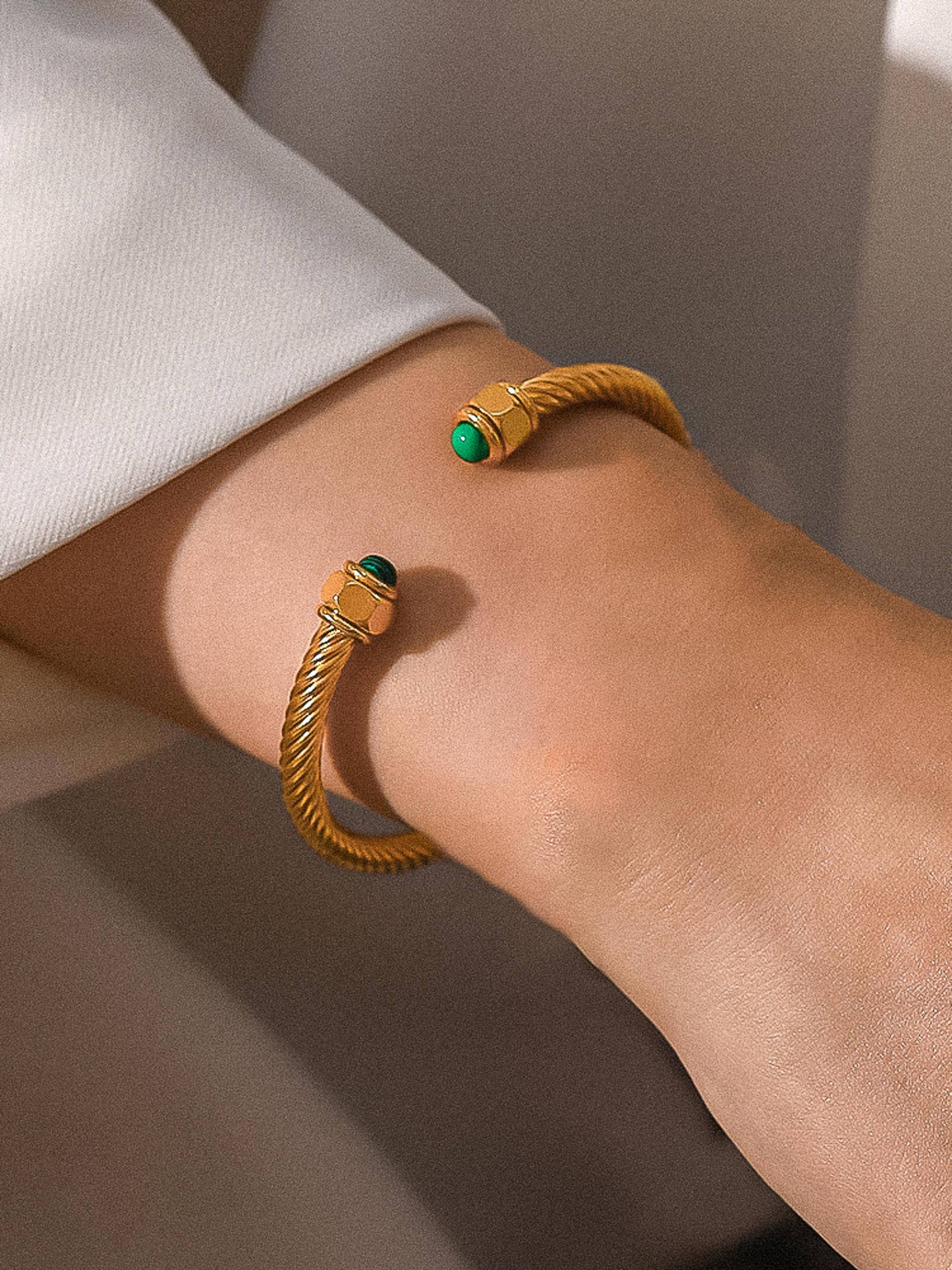 Vail 18K Gold Non-Tarnish Stone Braided Bangle: Green