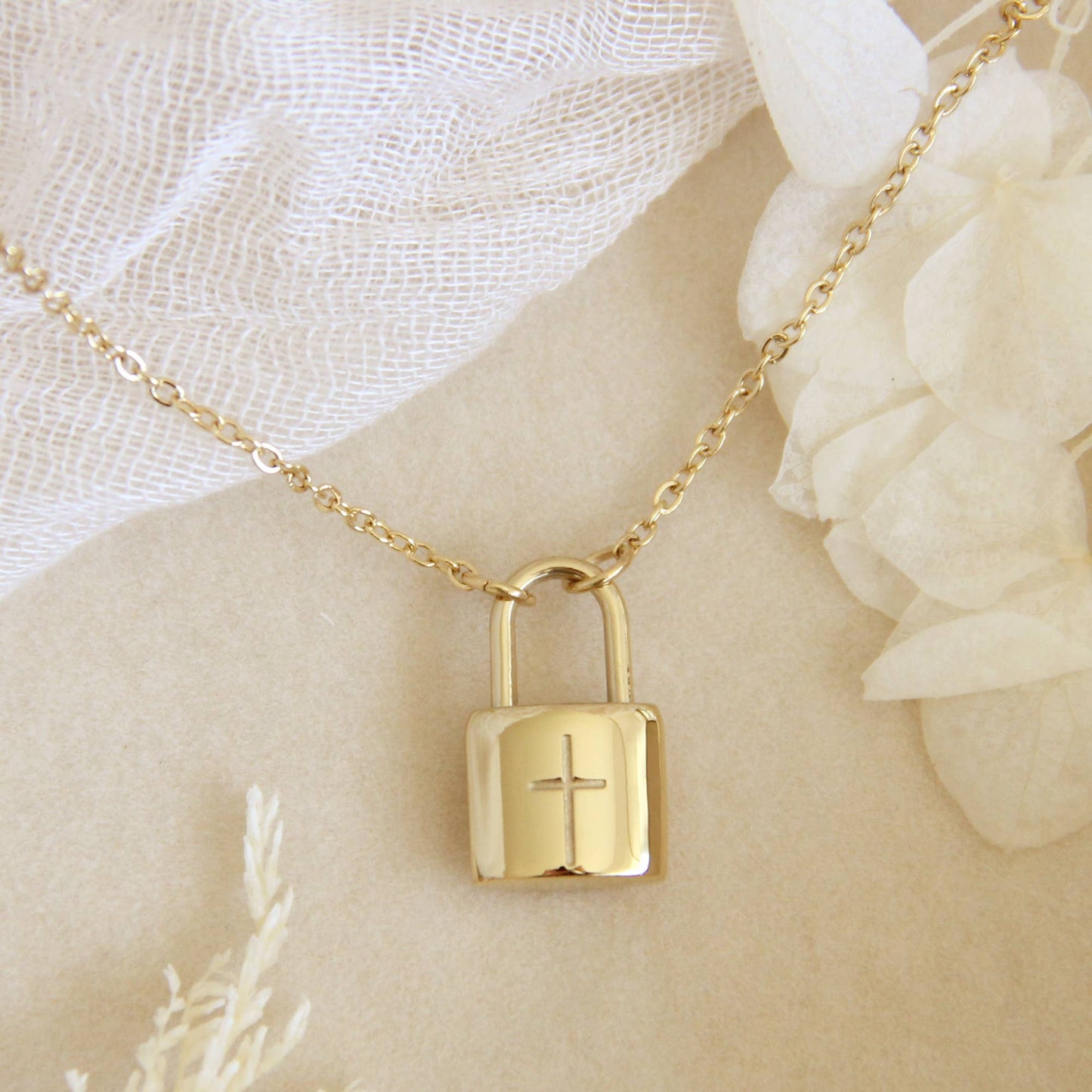 In Christ Cross Lock Necklace, Secure In Christ Necklace: Yellow Gold