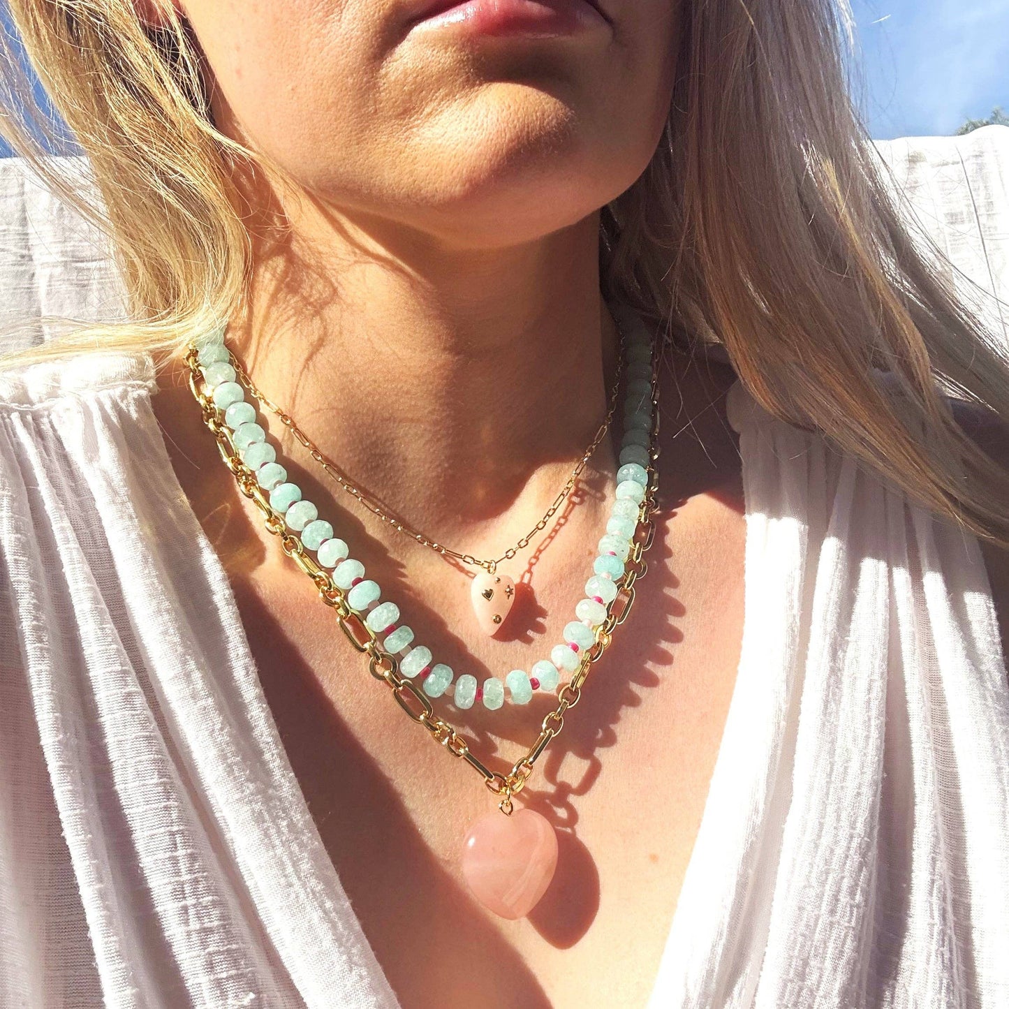 Islands Stone Candy Beaded Necklace Aqua/Pink