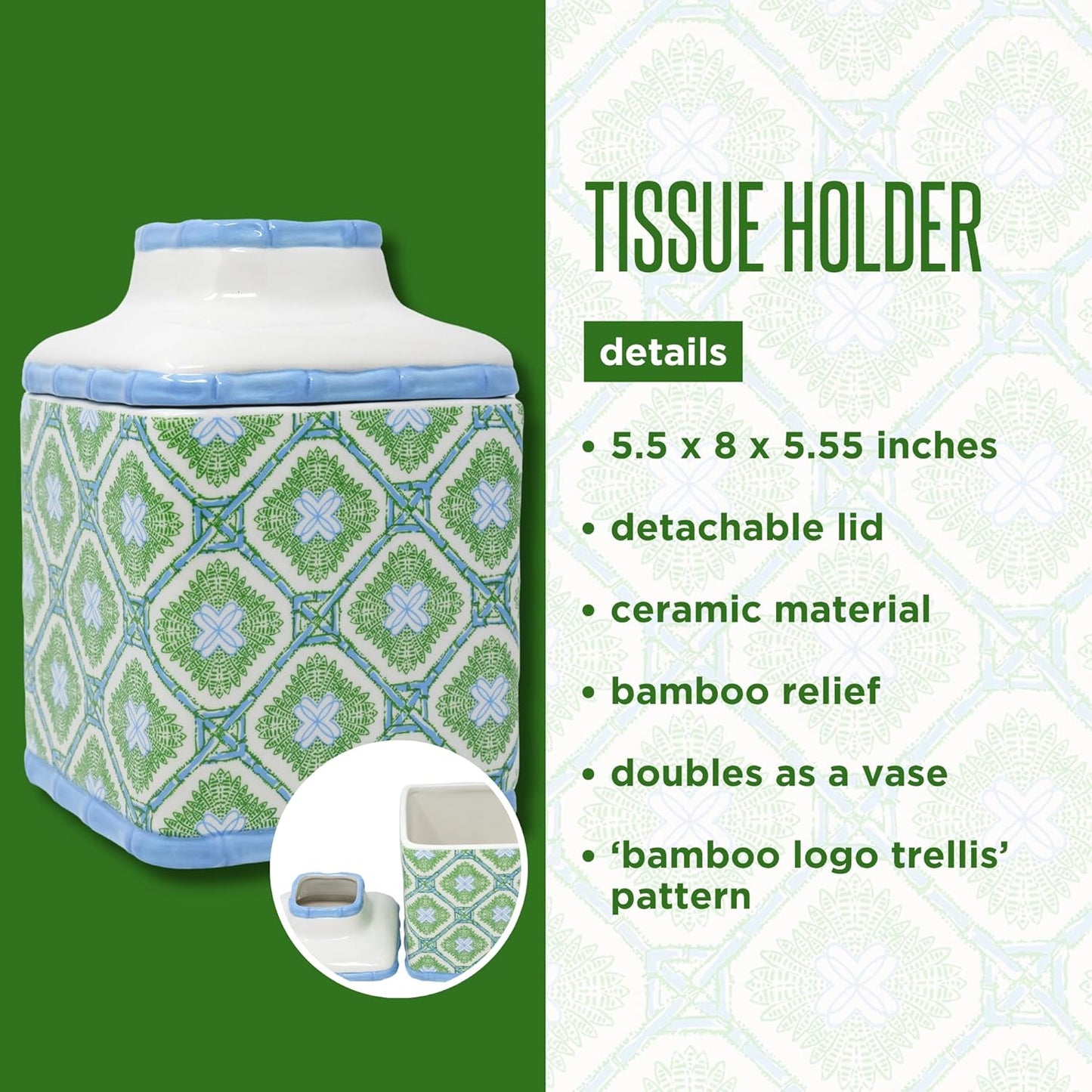 Lilly Pulitzer Tissue Holder, Bamboo Logo Trellis